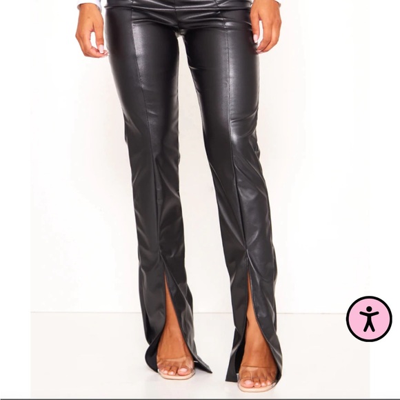 Black Faux Leather Seam Detail Split Hem Pants - Picture 4 of 4